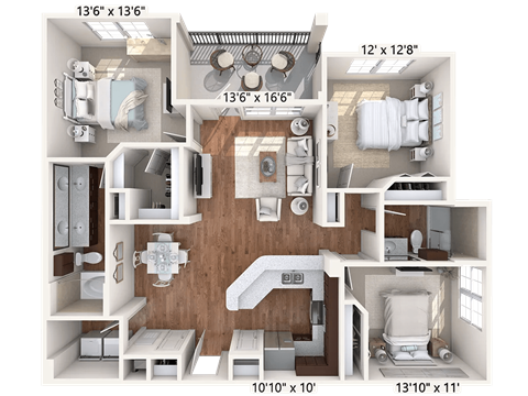 Floor plan for 3 beds, 2 baths, 1315 sqft